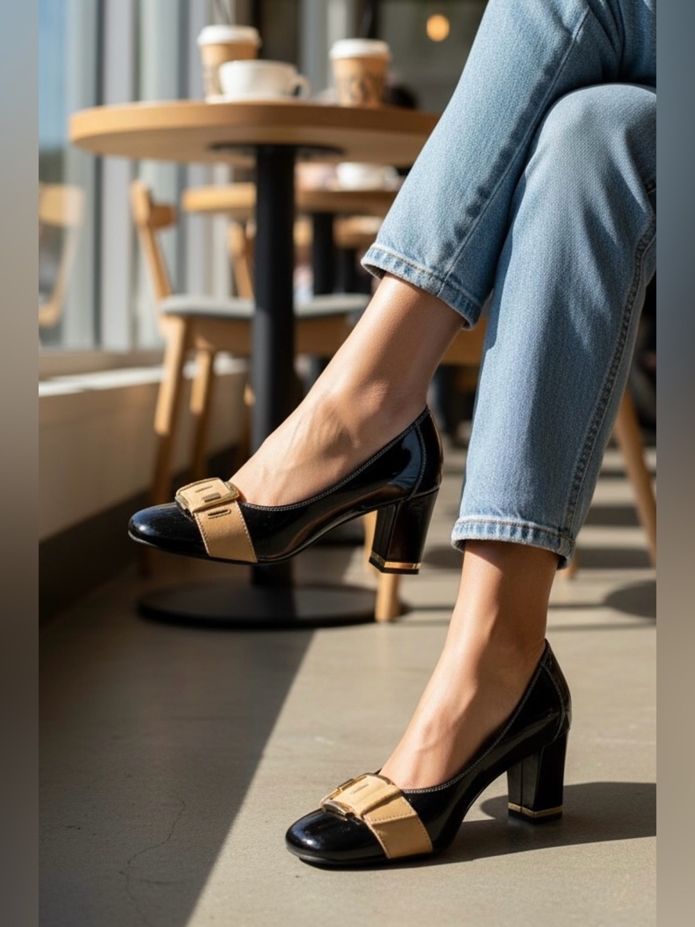 Mossimo Black Patent Leather Chunky Block Heel Pumps Tan Buckle Accent Size 8